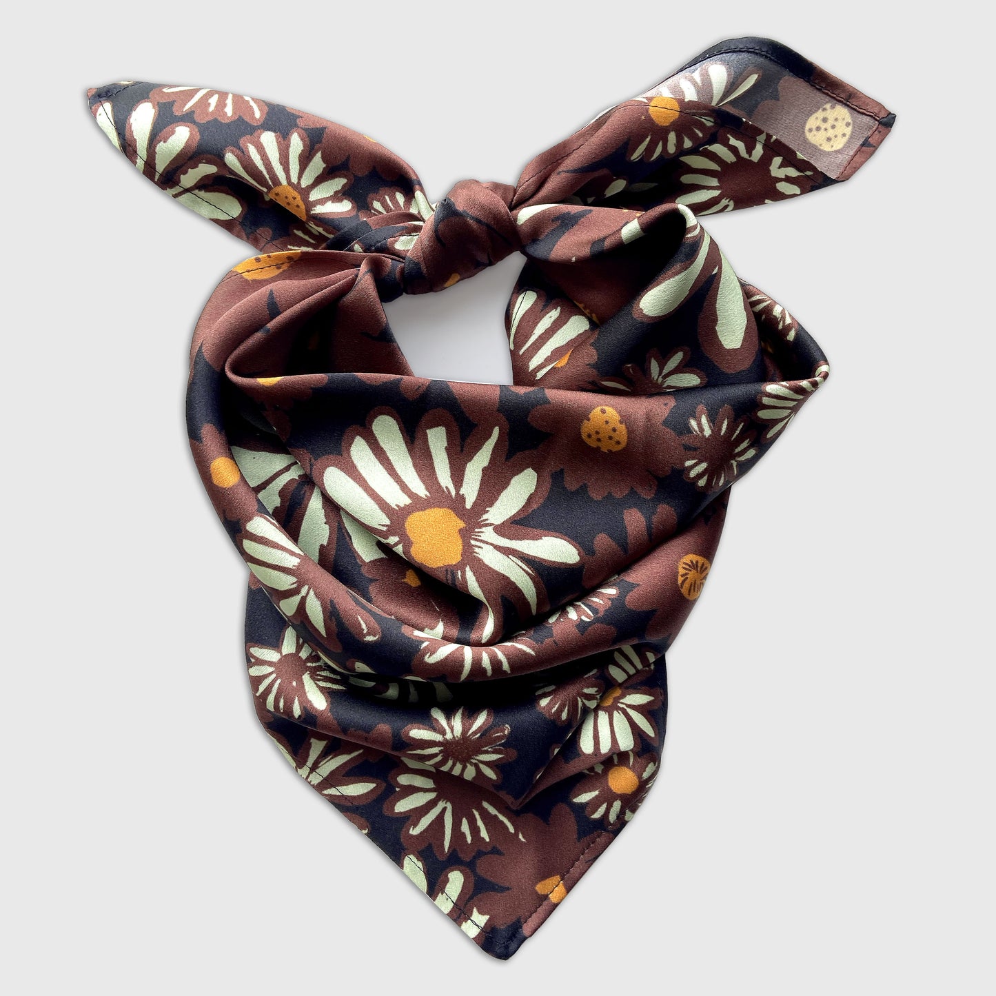 Painted Daisy Satin Silk Bandana in Chocolate