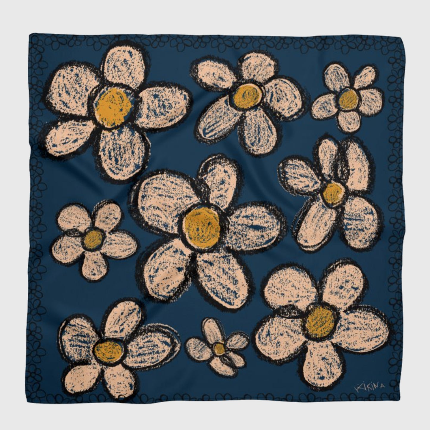 Large 70s Daisy Real Satin Silk Bandana