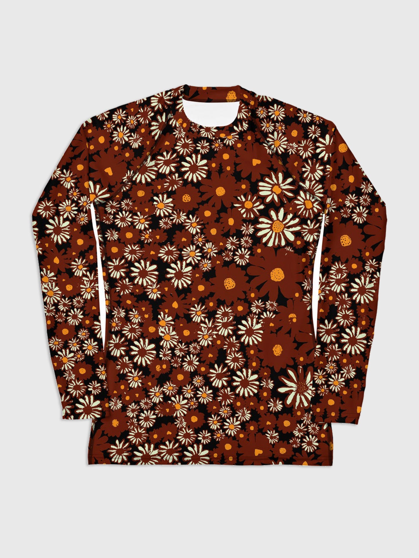 Daisy Print Women's Rash Guard in Chocolate Long Sleeve