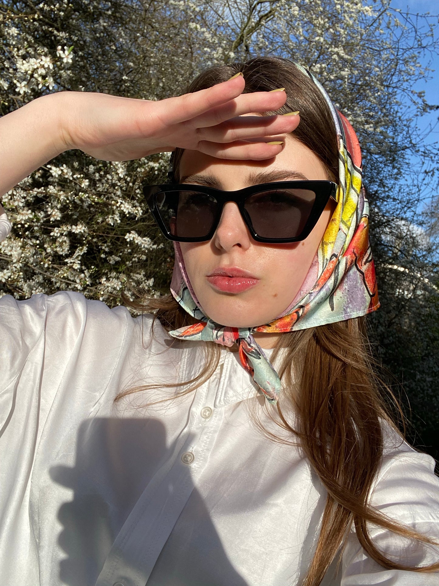 Tapas with Prawns. Dreaming of Spain. Pastel Satin Silk Bandana