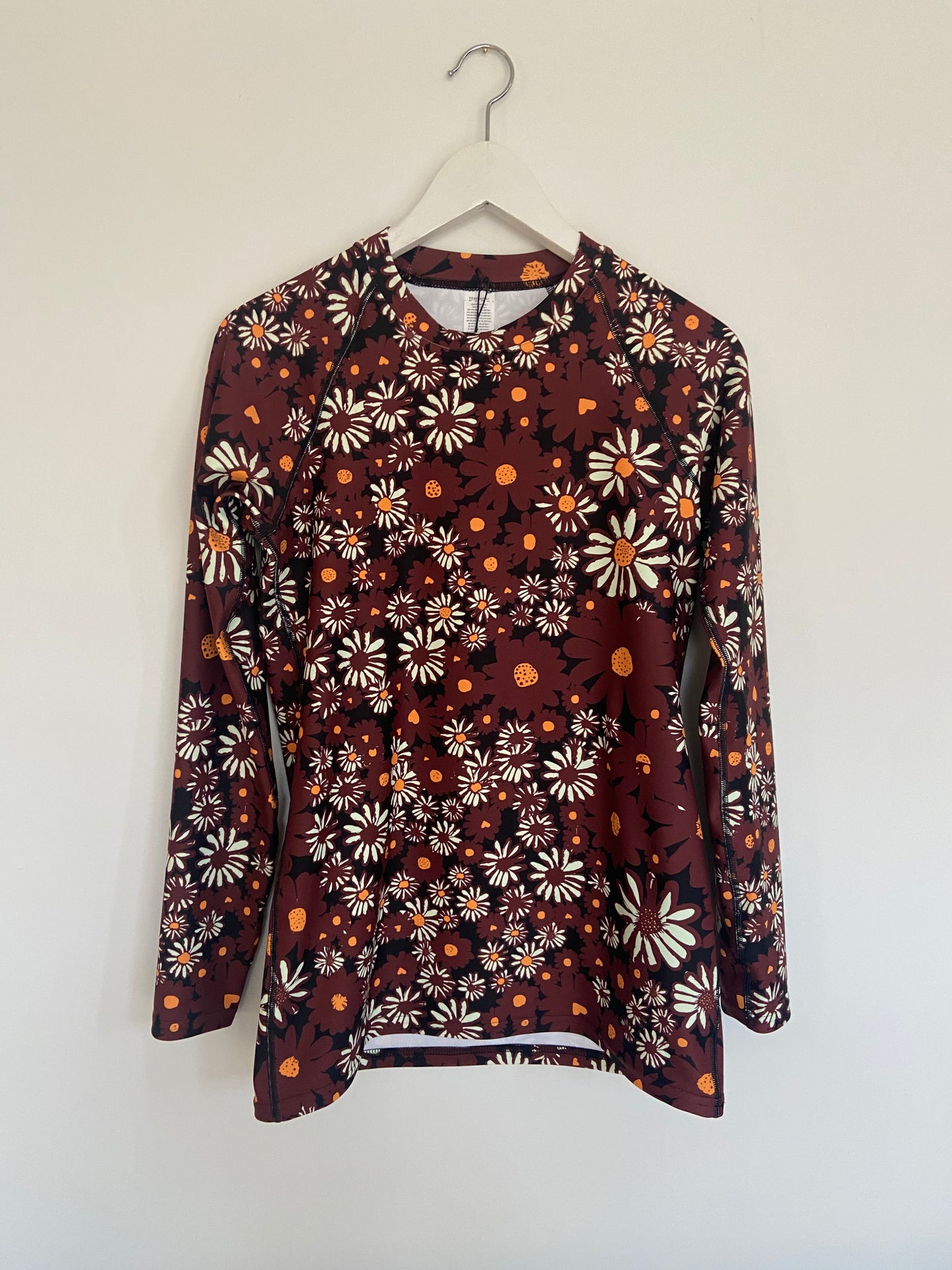 Daisy Print Women's Rash Guard in Chocolate Long Sleeve