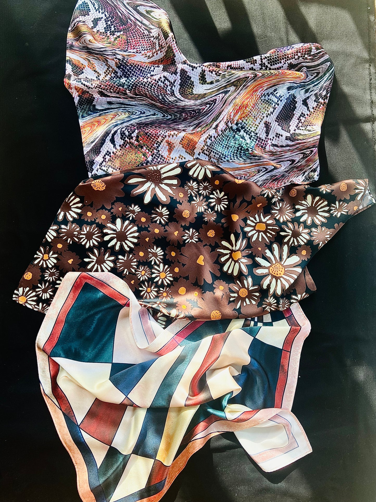Painted Daisy Satin Silk Bandana in Chocolate
