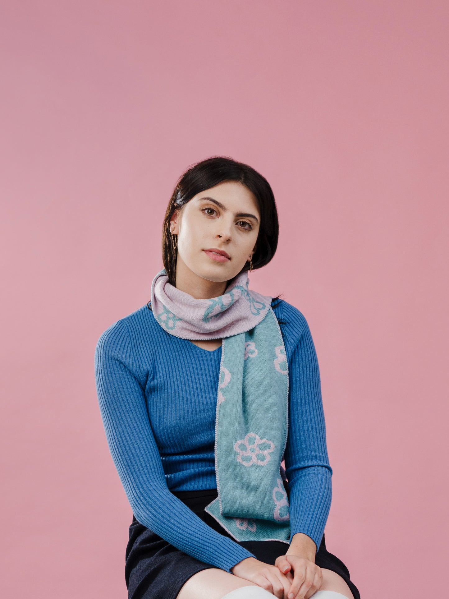 Daisy Wool and Cashmere Scarf in Pink and Blue. Made to Order