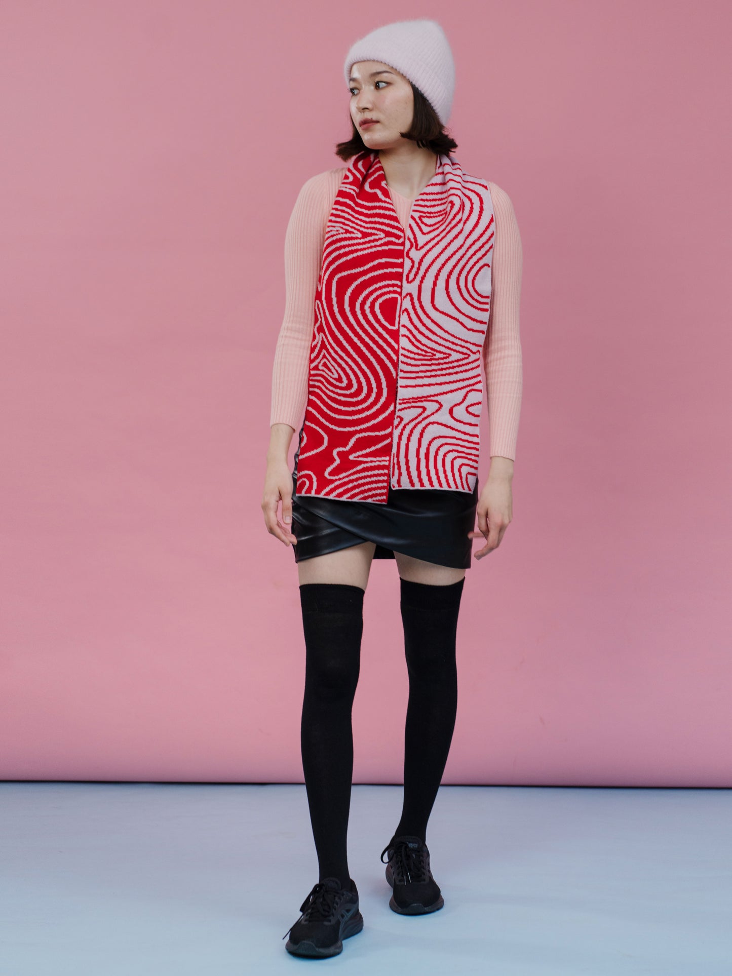 Swirly Stripe Knitted Scarf in Pink And Red