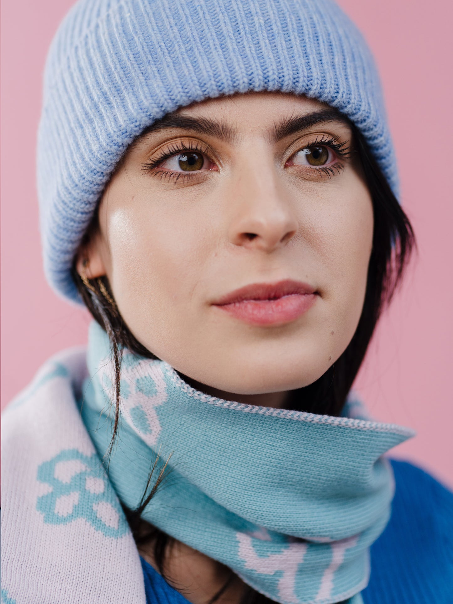 Daisy Wool and Cashmere Scarf in Pink and Blue. Made to Order
