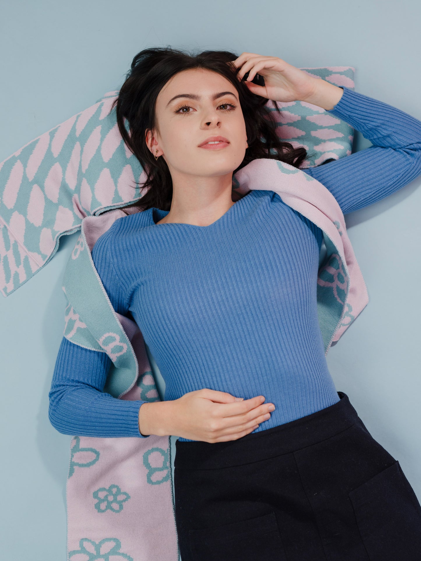 Checkered Wool and Cashmere Scarf in Blue and Pink