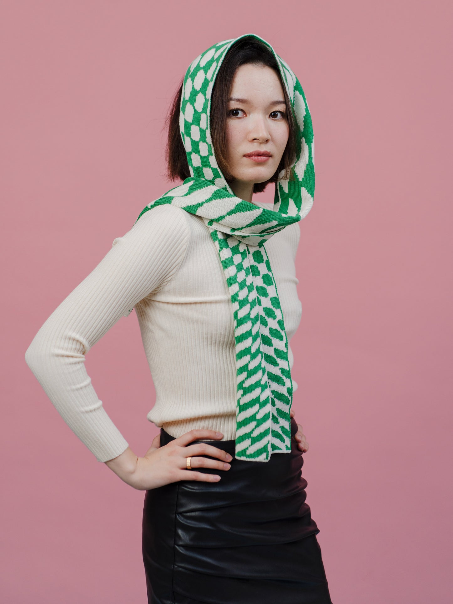 Checkered Wool and Cashmere Scarf in Jade Green