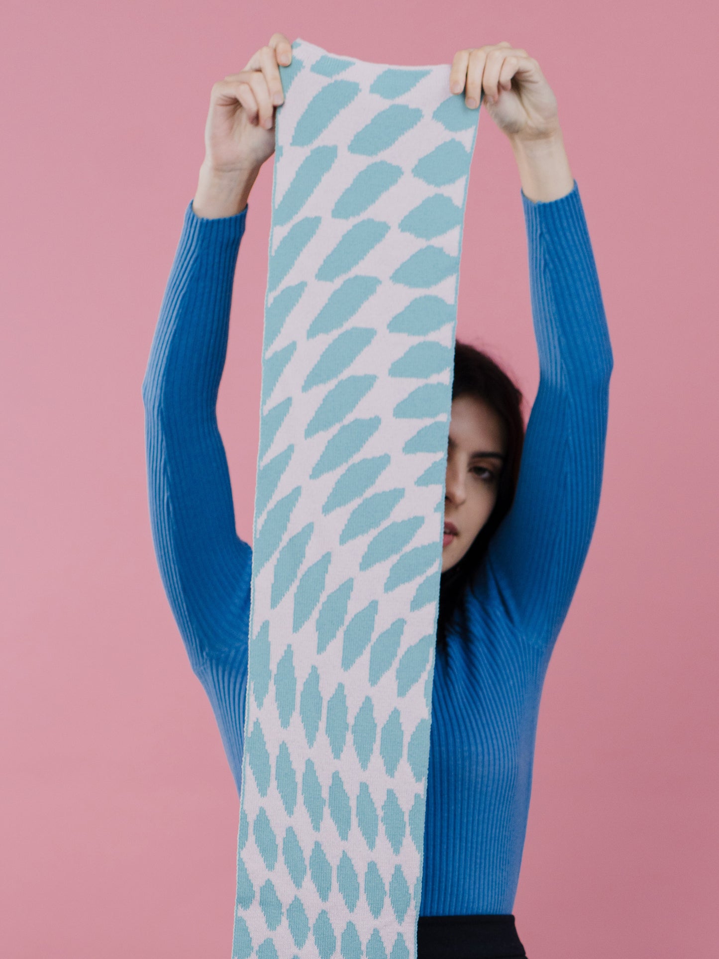 Checkered Wool and Cashmere Scarf in Blue and Pink