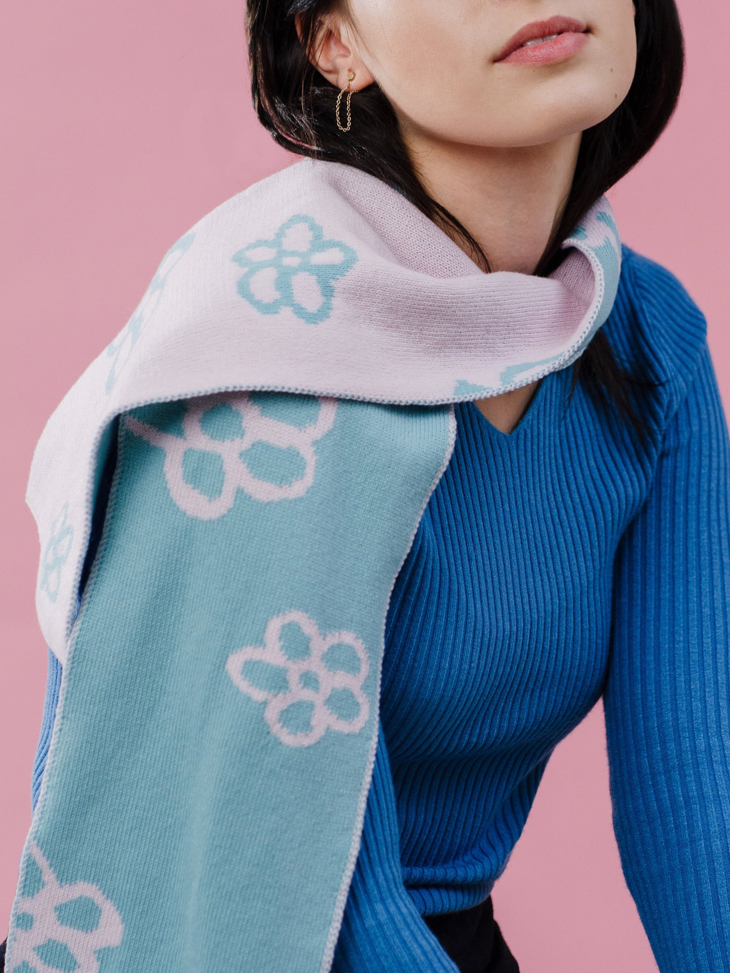 Daisy Wool and Cashmere Scarf in Pink and Blue. Made to Order