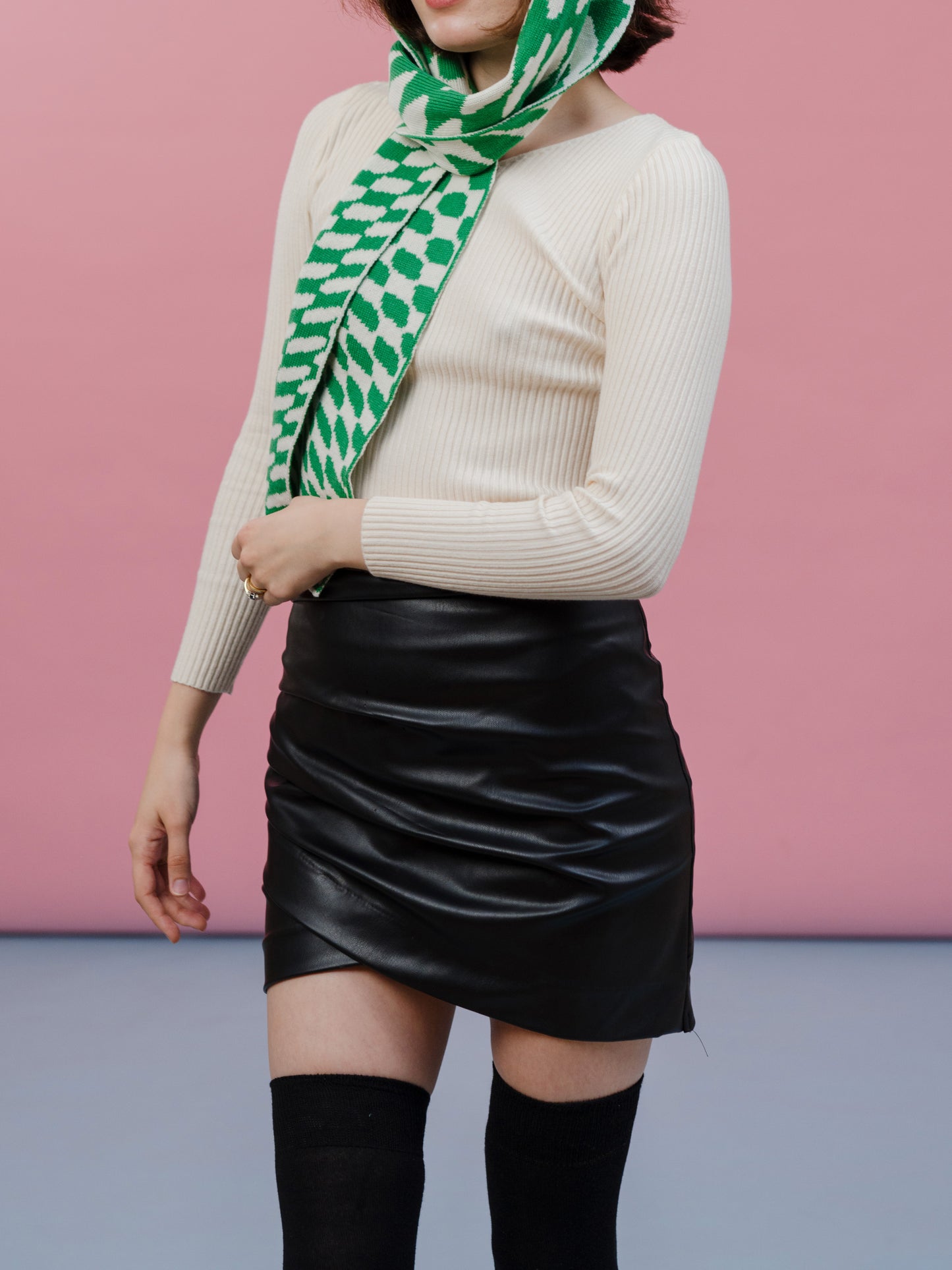 Checkered Wool and Cashmere Scarf in Jade Green