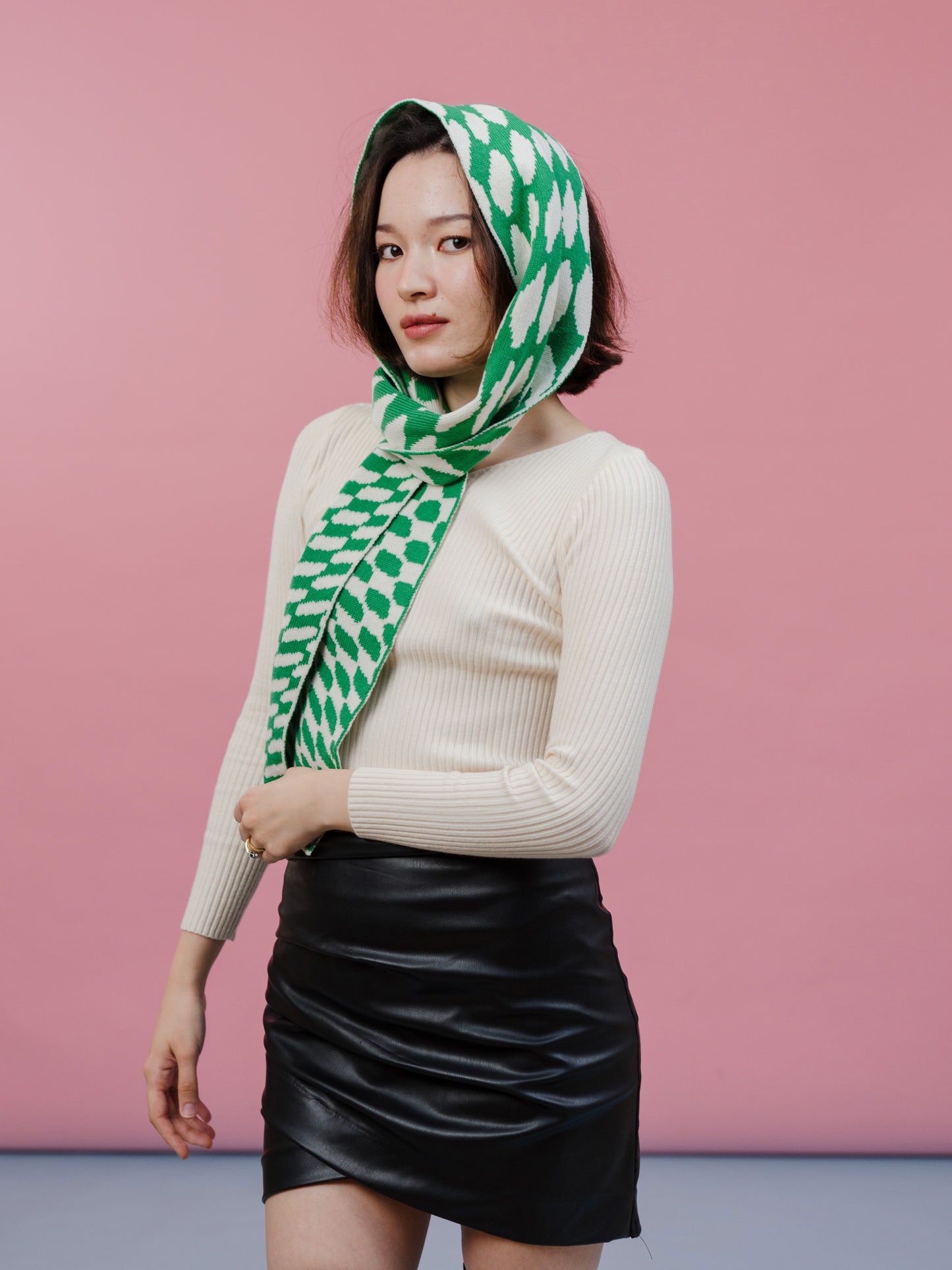 Checkered Wool and Cashmere Scarf in Jade Green