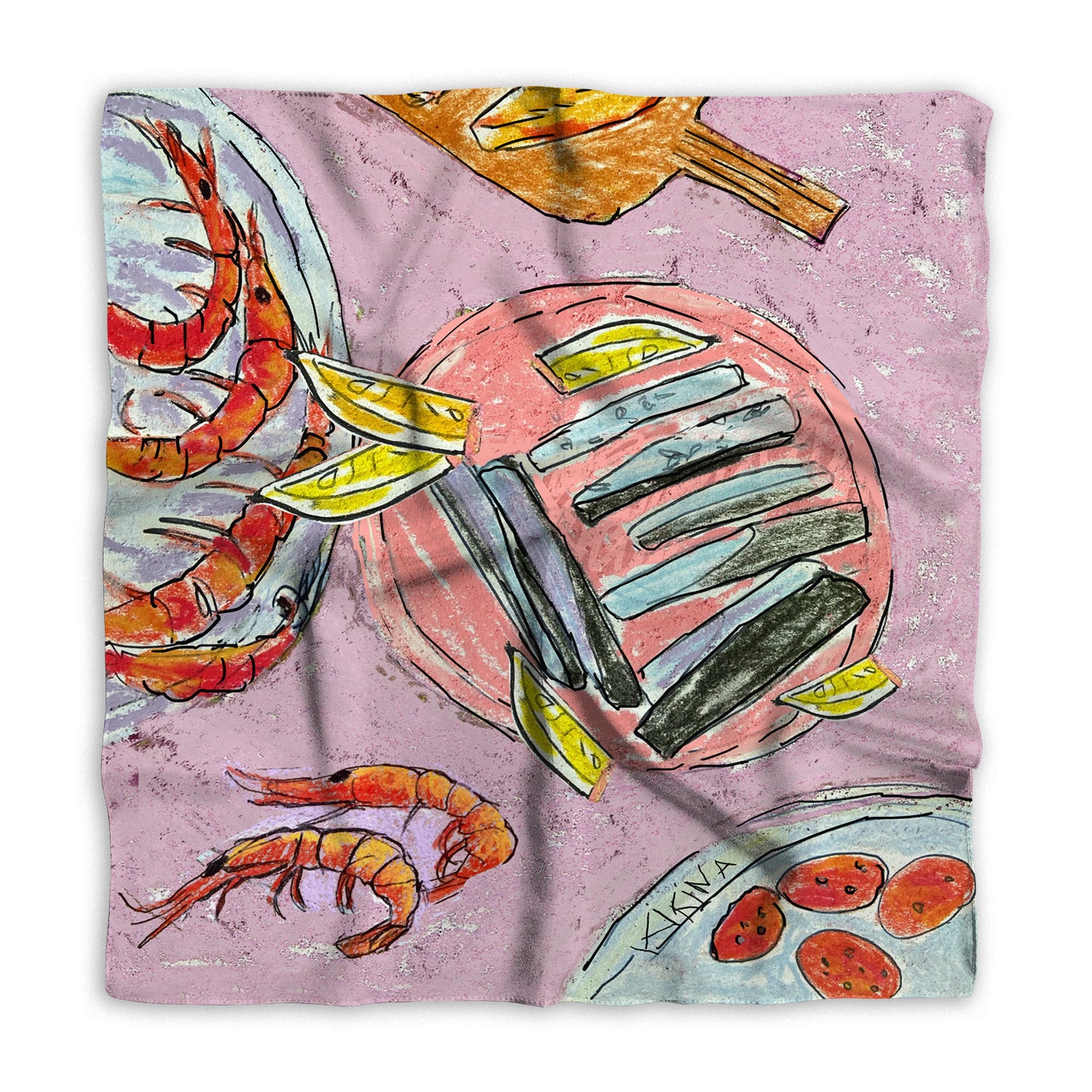 Tapas with Prawns. Dreaming of Spain. Pastel Satin Silk Bandana