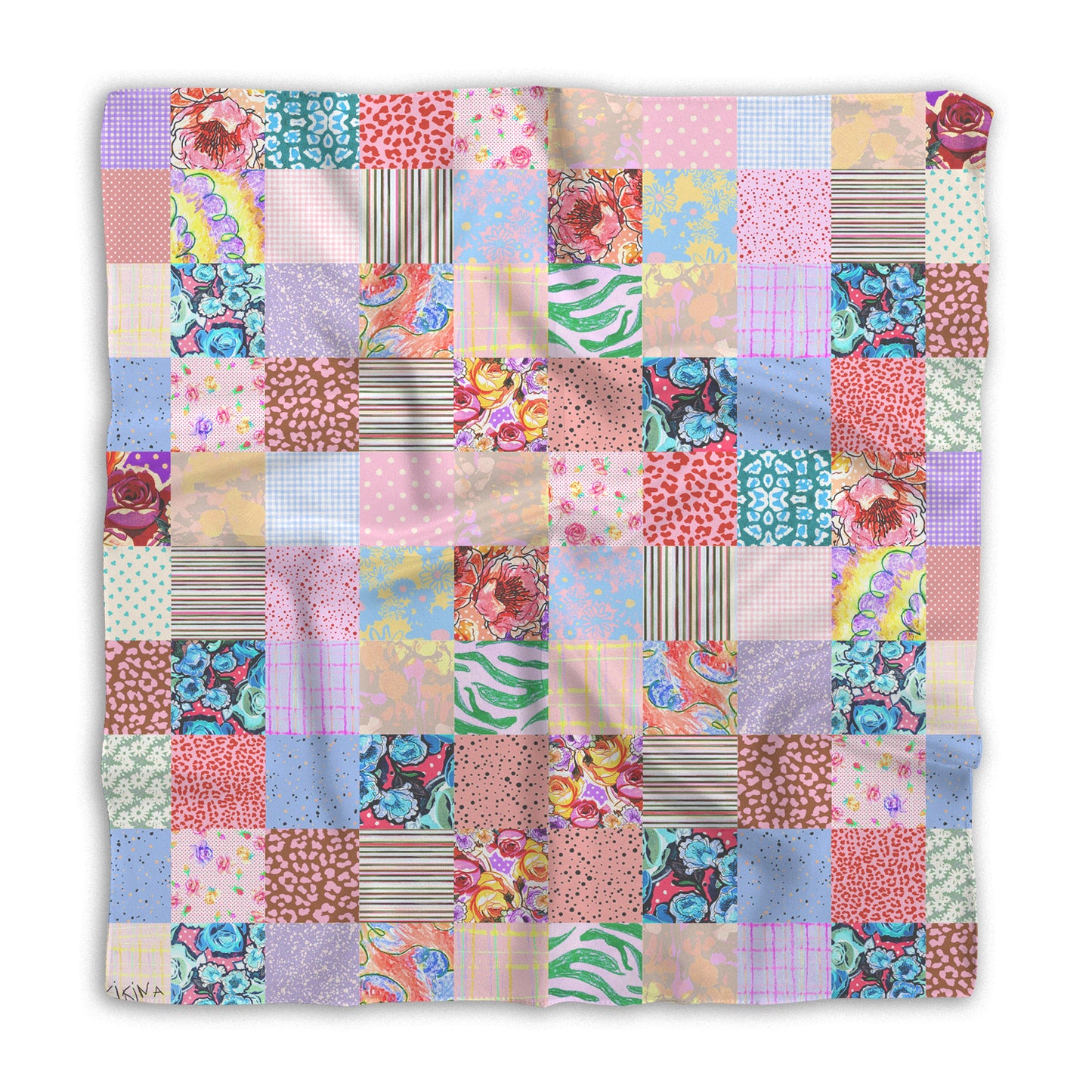 Patchwork Print Satin Square Scarf