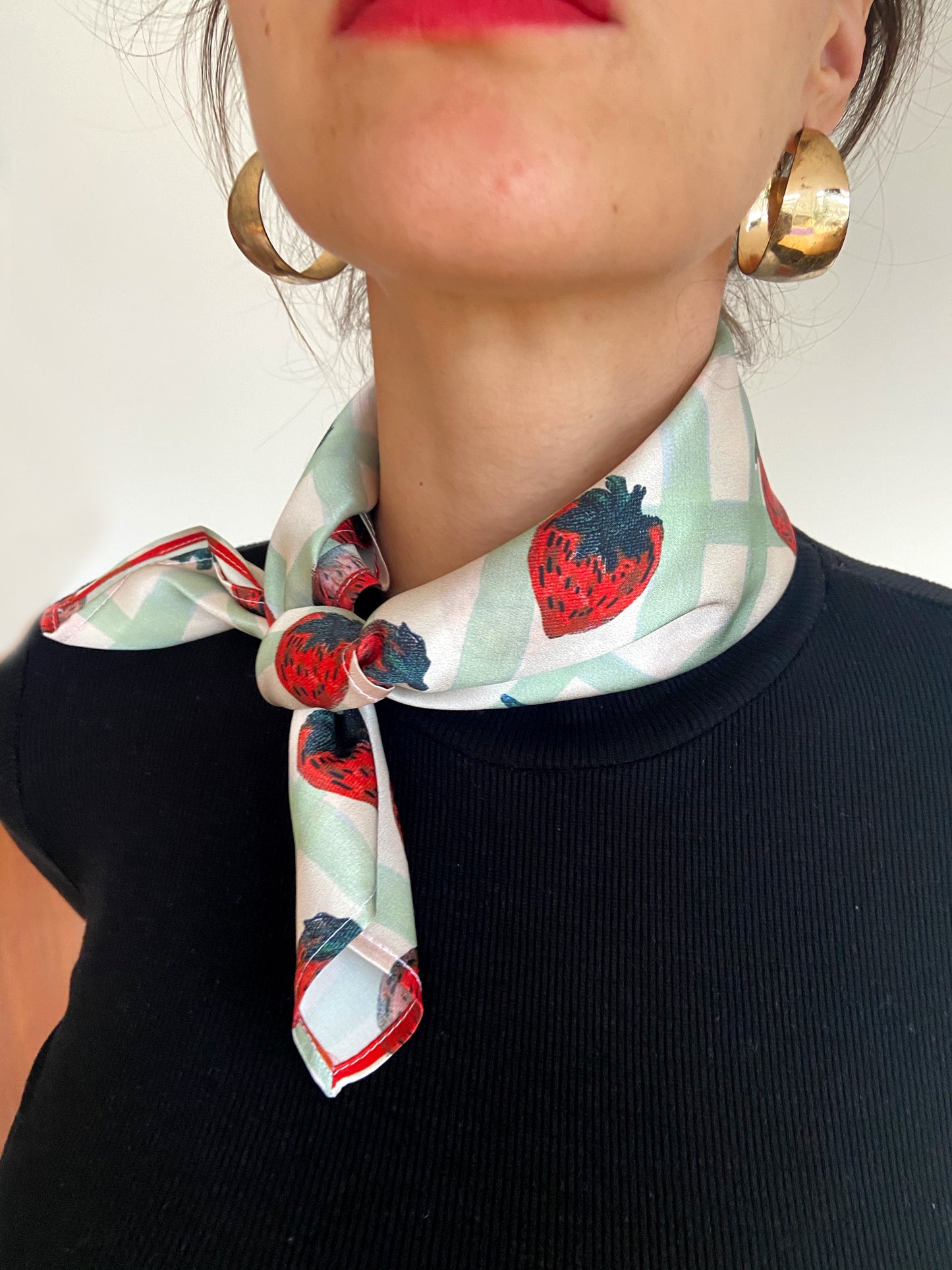 Strawberry Print Satin Silk Mini Scarf