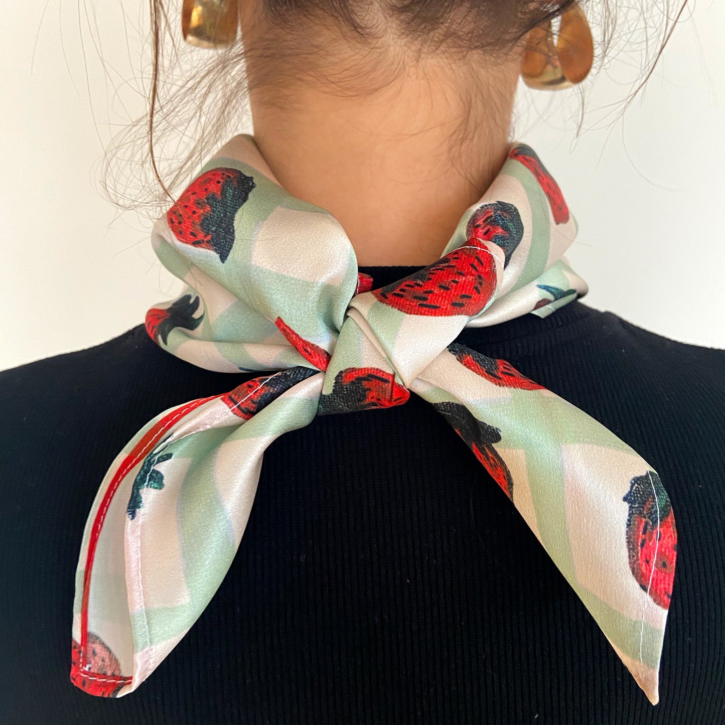 Strawberry Print Satin Silk Mini Scarf