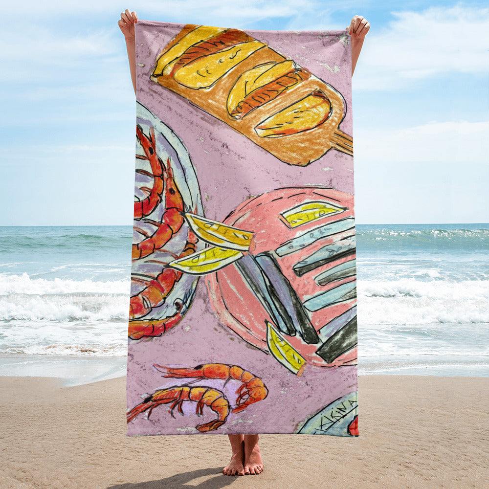 Tapas with Prawns. Dreaming of Spain. Bath and Beach Towel