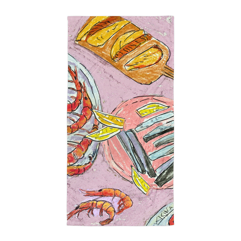 Tapas with Prawns. Dreaming of Spain. Bath and Beach Towel