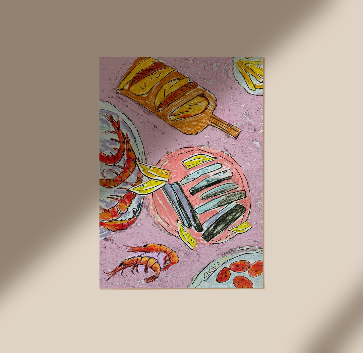 Tapas with Prawns. Pastel A3 Artwork