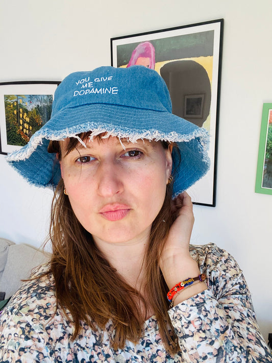You Give Me Dopamine Distressed denim bucket hat