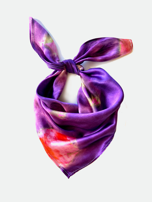 Tie Dye Printed Satin Silk Bandana in Purple & Hot PInk