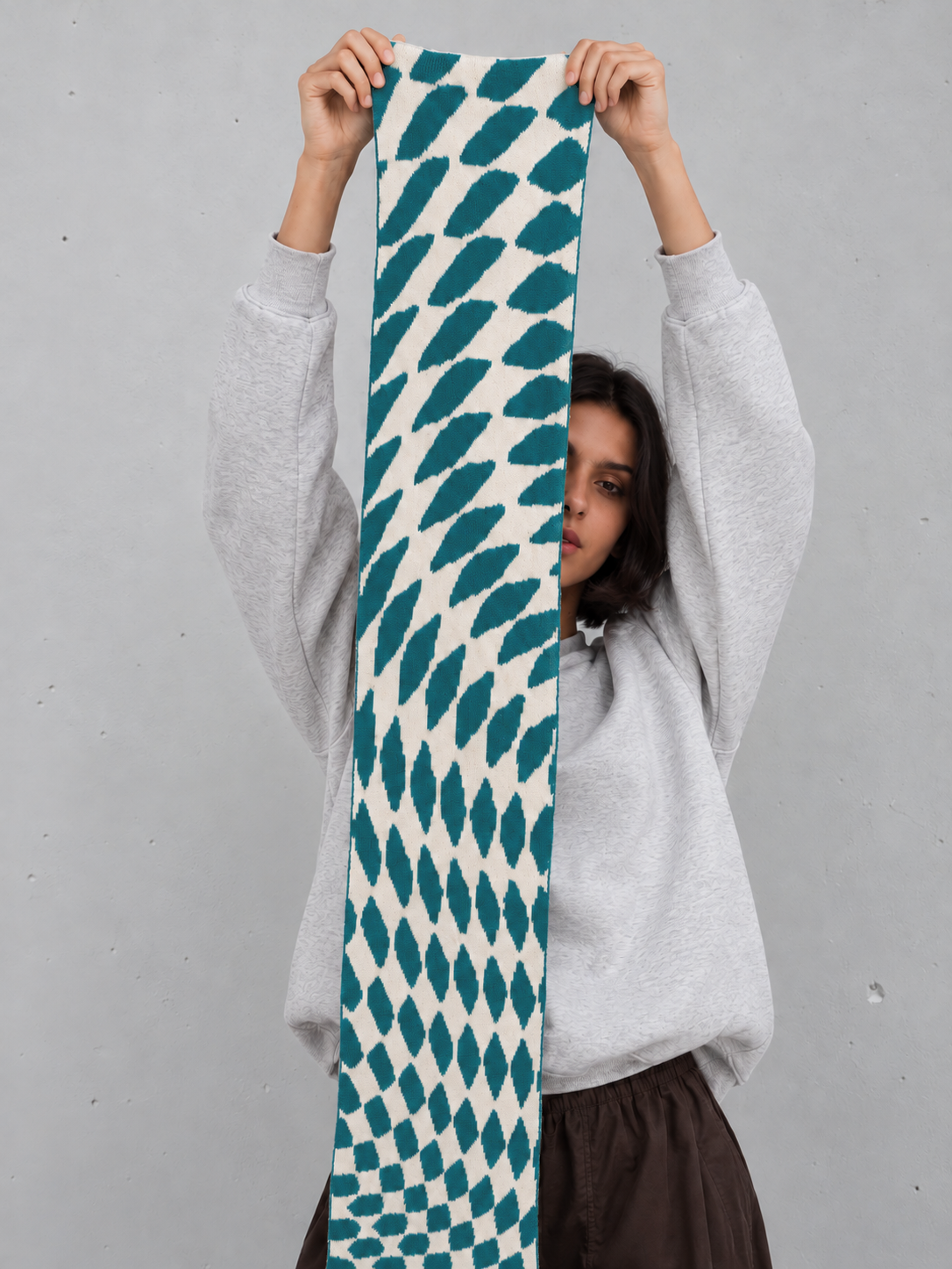 Checkered Wool and Cashmere Scarf in Teal