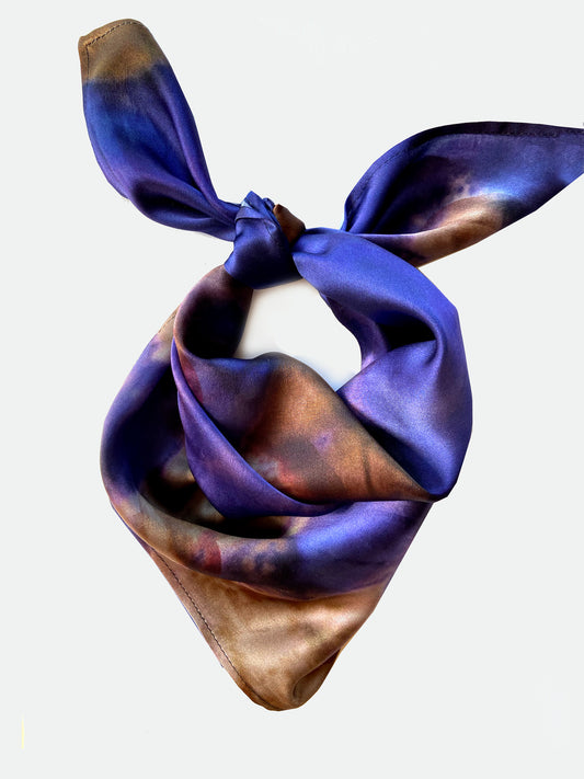 Tie Dye Printed Satin Silk Bandana in Indigo Blue & Chocolate