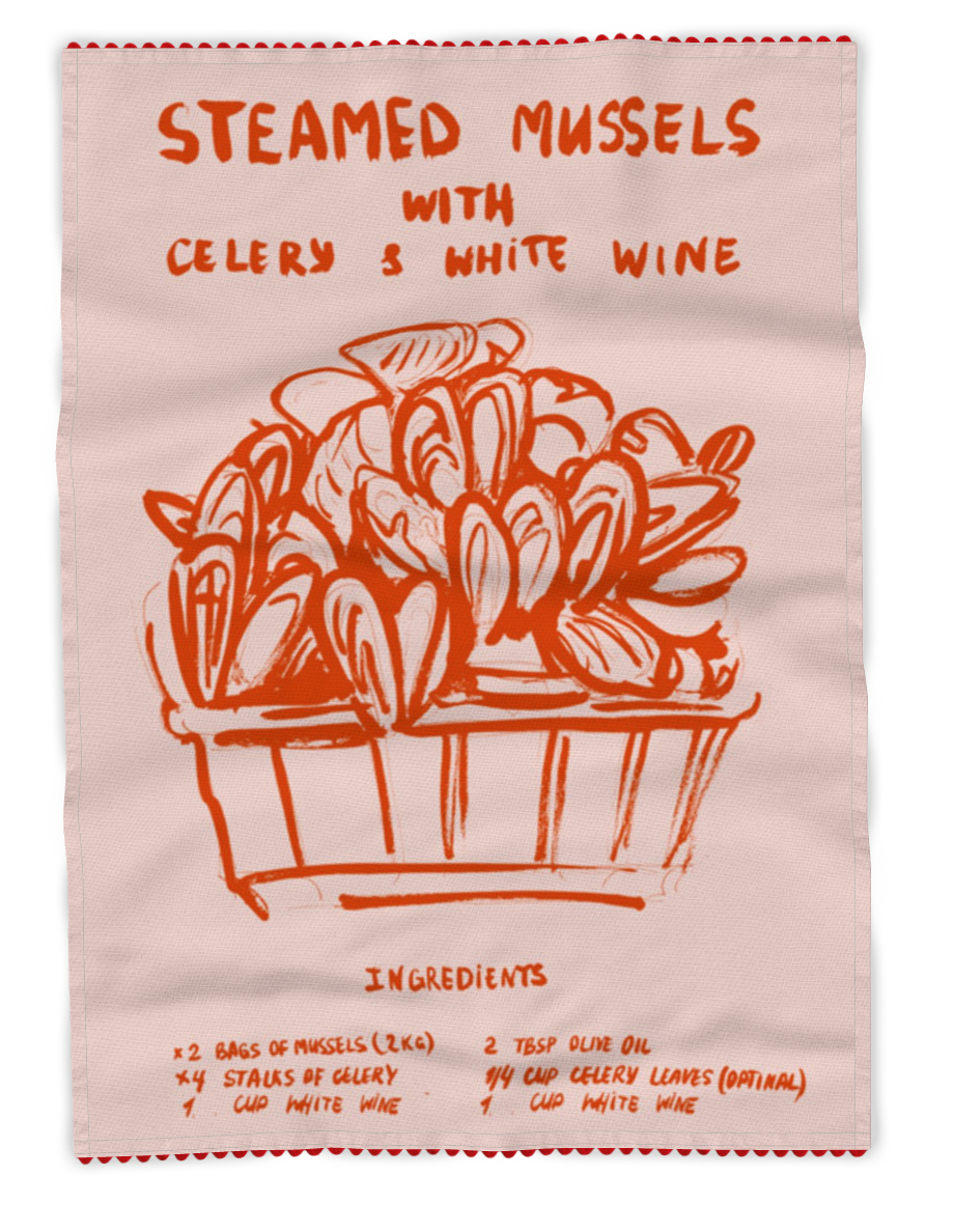Mussels in White Wine. My step dad's recipe. Cotton Tea Towel in Terracota