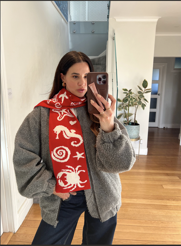 Sea Life Scarf – Red and White Wool and Cashmere Knitted Scarf