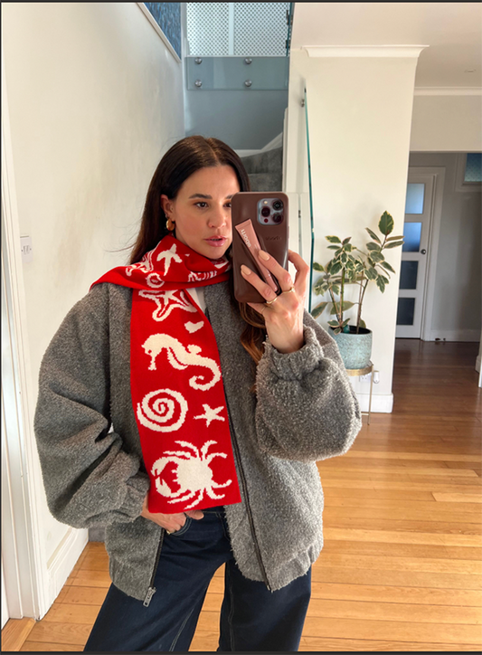 Sea Life Scarf – Red and White Wool and Cashmere Knitted Scarf