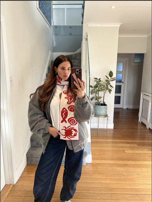 Sea Life Scarf – Red and White Wool and Cashmere Knitted Scarf