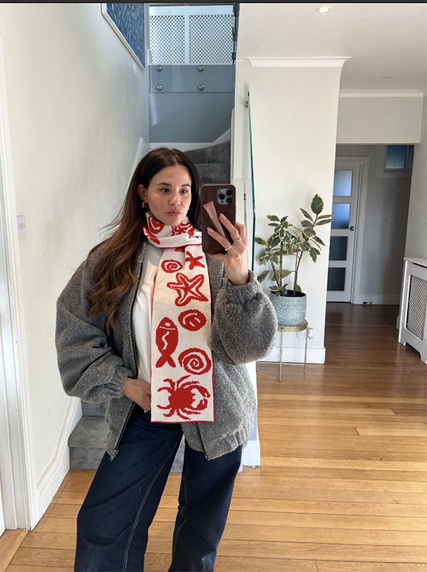 Sea Life Scarf – Red and White Wool and Cashmere Knitted Scarf