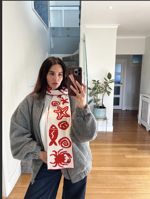 Sea Life Scarf – Red and White Wool and Cashmere Knitted Scarf