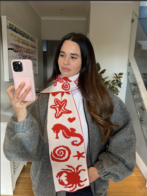 Sea Life Scarf – Red and White Wool and Cashmere Knitted Scarf