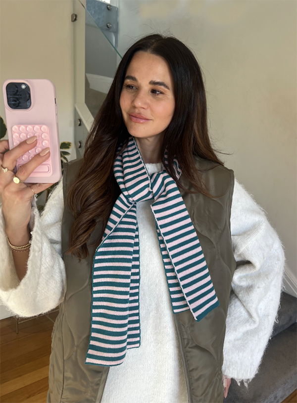 Skinny Stripe Wool and Cashmere Scarf in Teal and Blush