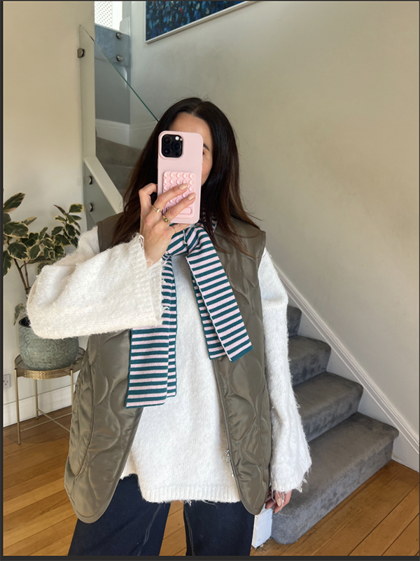 Skinny Stripe Wool and Cashmere Scarf in Teal and Blush