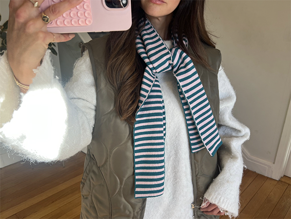 Skinny Stripe Wool and Cashmere Scarf in Teal and Blush