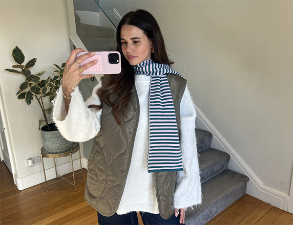 Skinny Stripe Wool and Cashmere Scarf in Teal and Blush