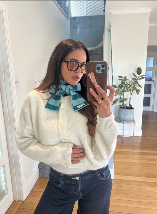 Wool and Cashmere Skinny Scarf with Stripes in Blue and Teal