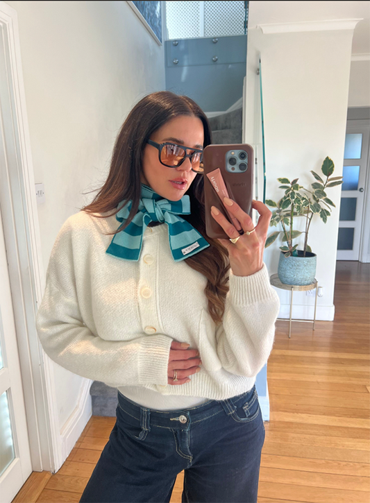 Wool and Cashmere Skinny Scarf with Stripes in Blue and Teal