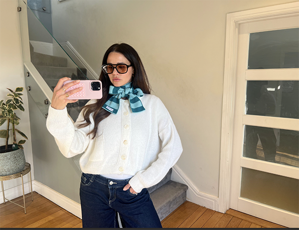 Wool and Cashmere Skinny Scarf with Stripes in Blue and Teal