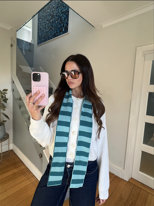 Wool and Cashmere Skinny Scarf with Stripes in Blue and Teal