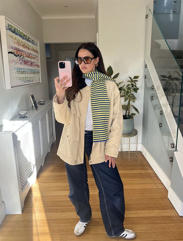 Skinny Stripe Wool and Cashmere Scarf in Blue and Yellow