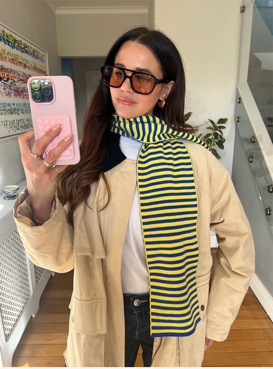 Skinny Stripe Wool and Cashmere Scarf in Blue and Yellow