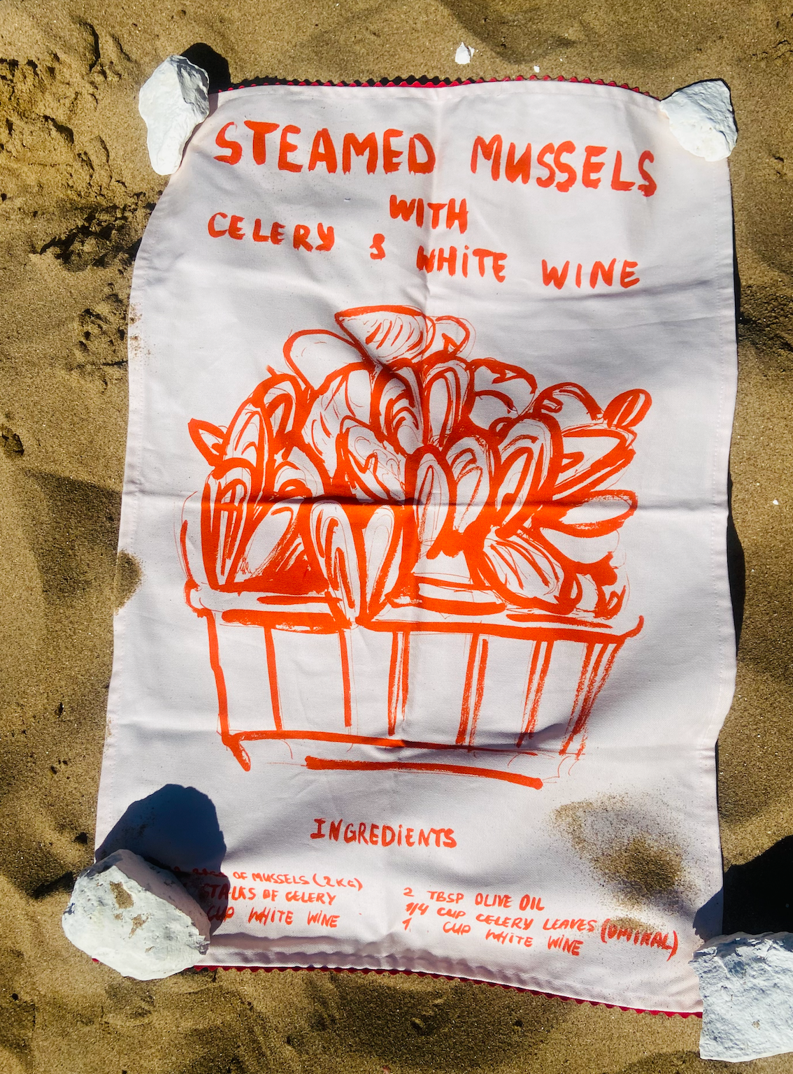 Mussels in White Wine. My step dad's recipe. Cotton Tea Towel in Terracota