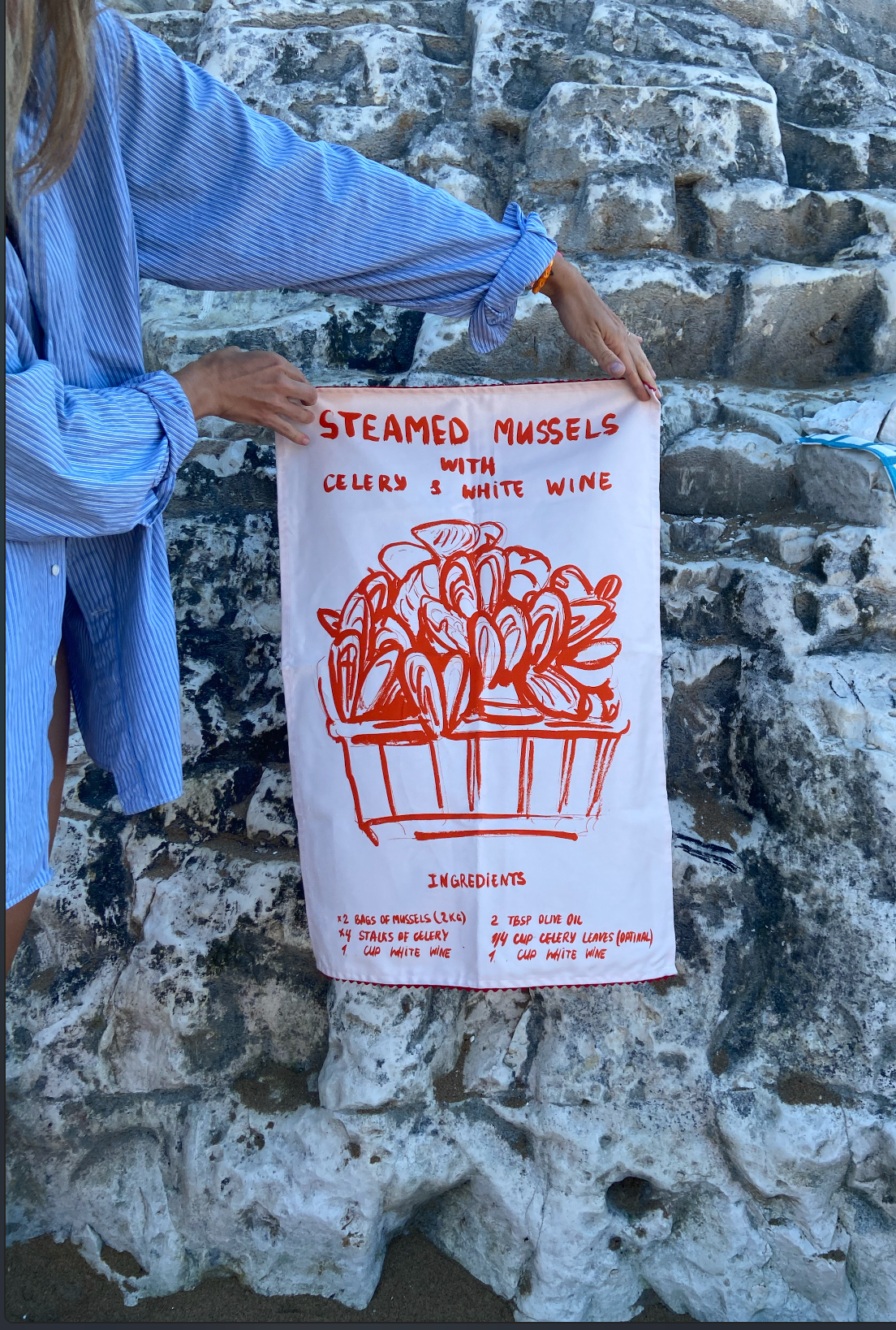 Mussels in White Wine. My step dad's recipe. Cotton Tea Towel in Terracota