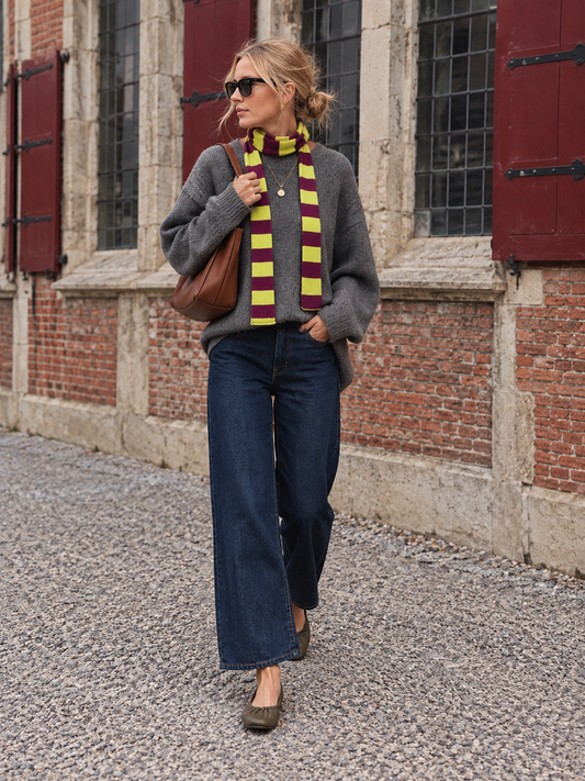 Wool and Cashmere Skinny Scarf with Stripes in Blue and Teal