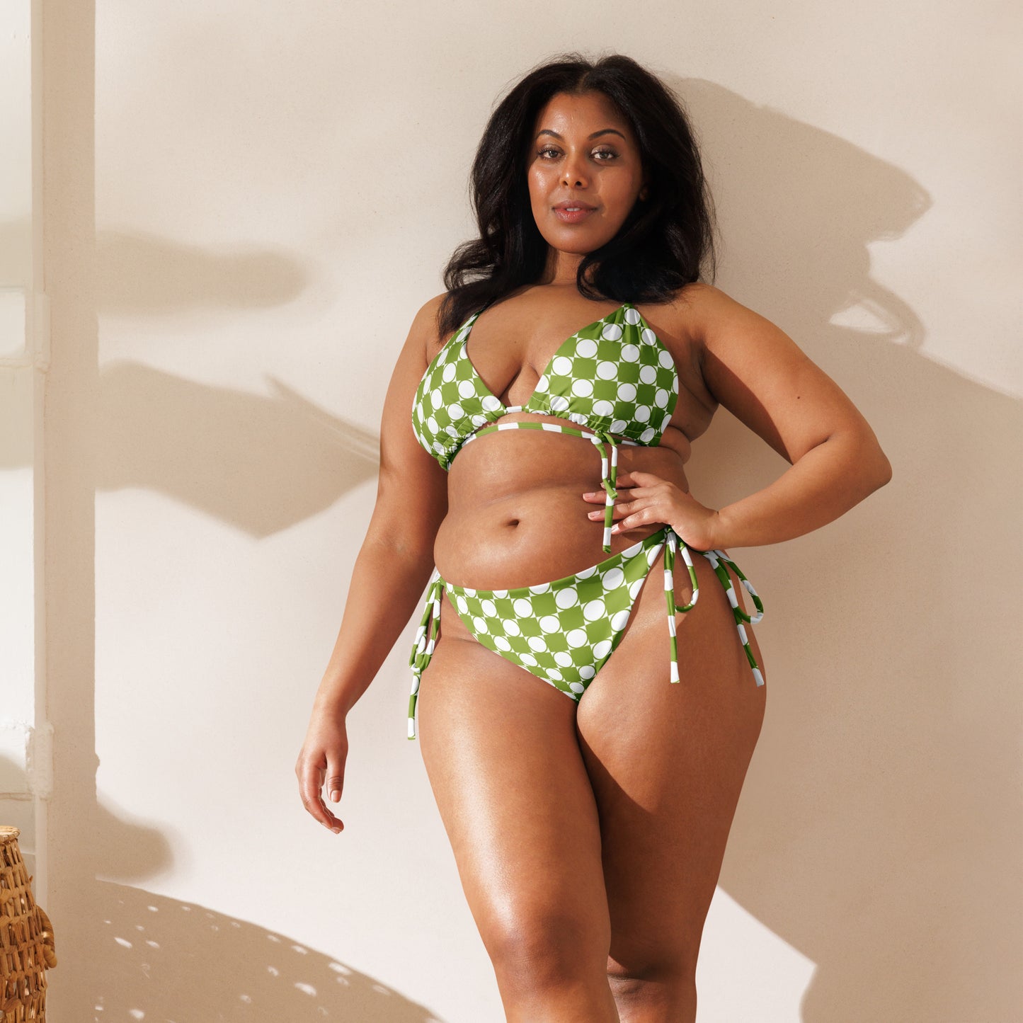 Checkered Print Recycled String Bikini in Avocado Green
