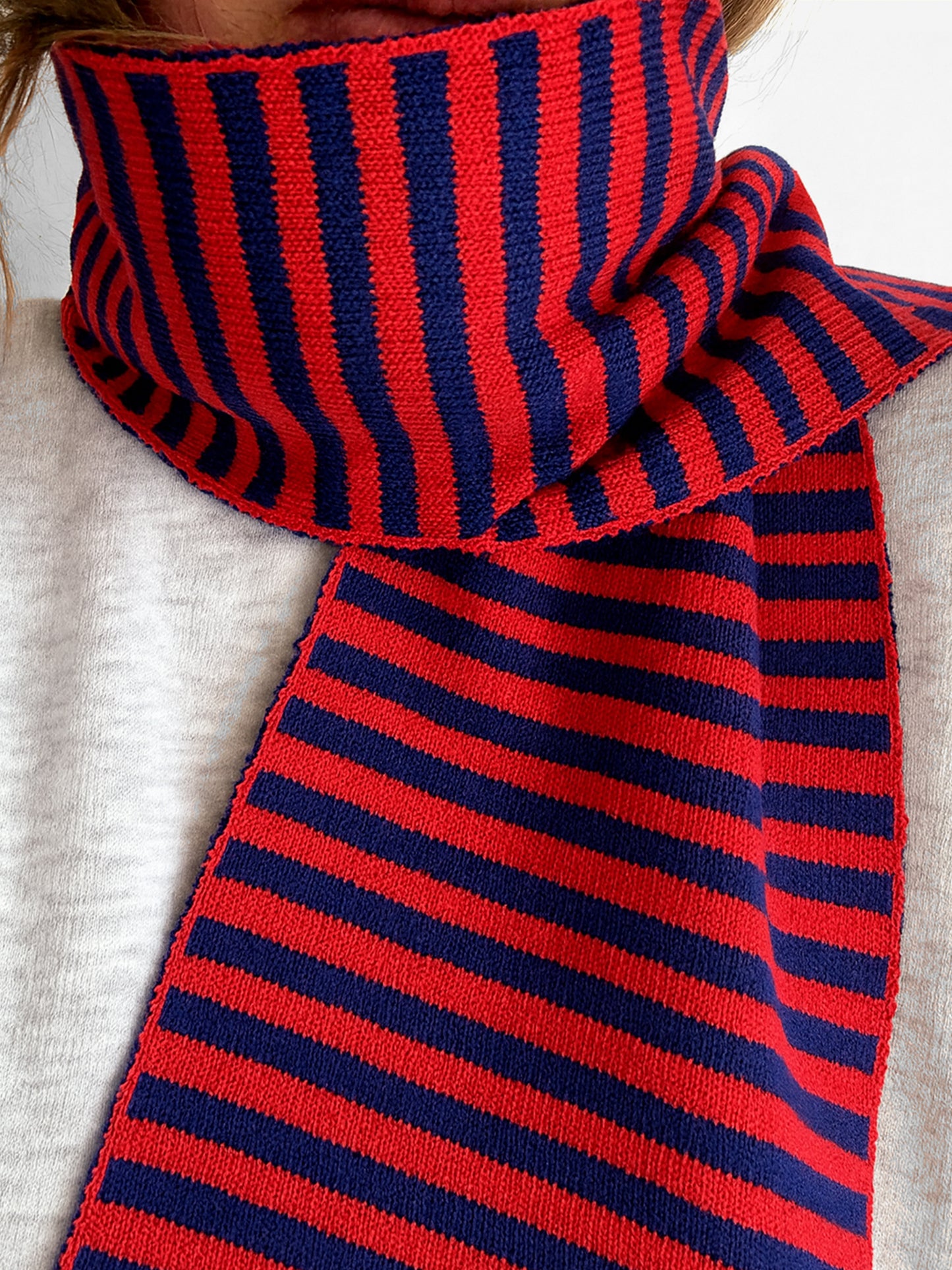 Skinny Stripe Wool and Cashmere Scarf in Red and Navy