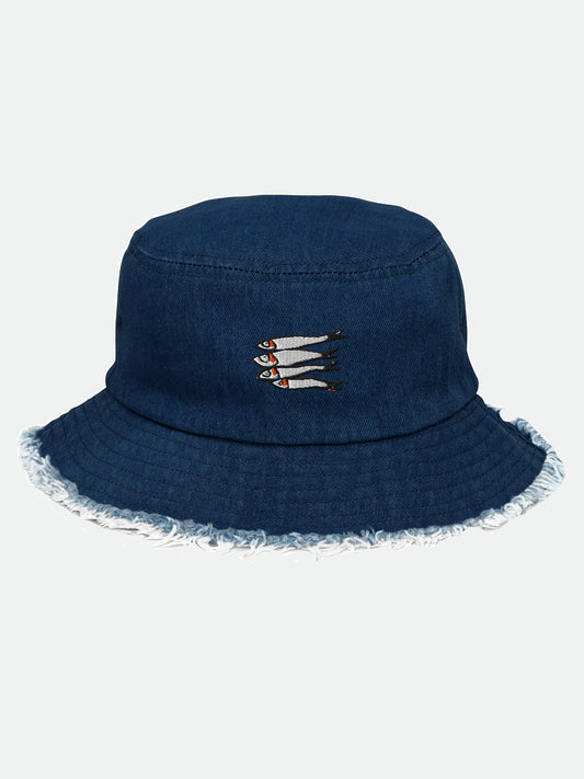 Embroidered Sardines Distressed Denim Bucket Hat