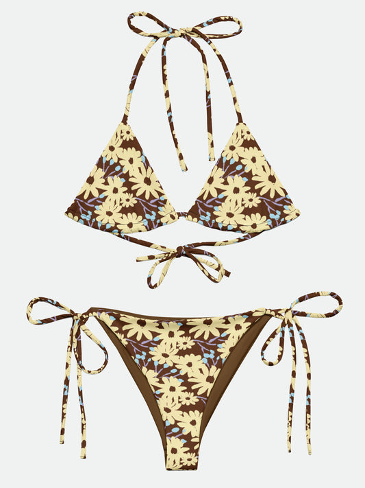 Painted Daisy Scoop Recycled String Bikini in Chocolate